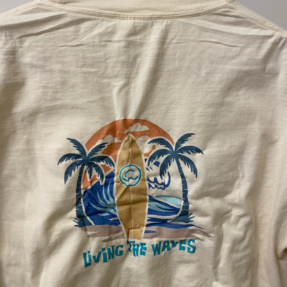 Cream Graphic Tee with Surf Design Birdwell beach britches vans RVCA